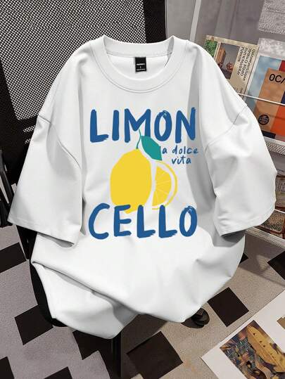 Claim Dot Men's Letter & Fruit Print Slim Fit Crew Neck Short Sleeve T-Shirt Funny T Shirt