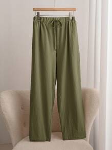 SHEIN Frenchy Plus Size Linen Pants,Vacation Solid Color Casual Trousers With Elastic Waist And Diagonal Pockets