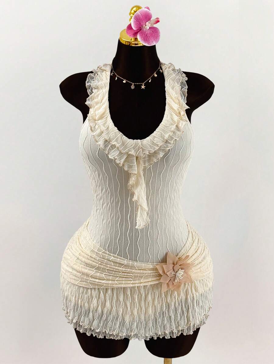 Amplova Ruffled Wrap-Around Ribbon Tie Neck Backless Floral Lace Trim Bodycon Mini Dress