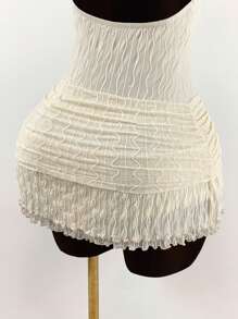 Amplova Ruffled Wrap-Around Ribbon Tie Neck Backless Floral Lace Trim Bodycon Mini Dress