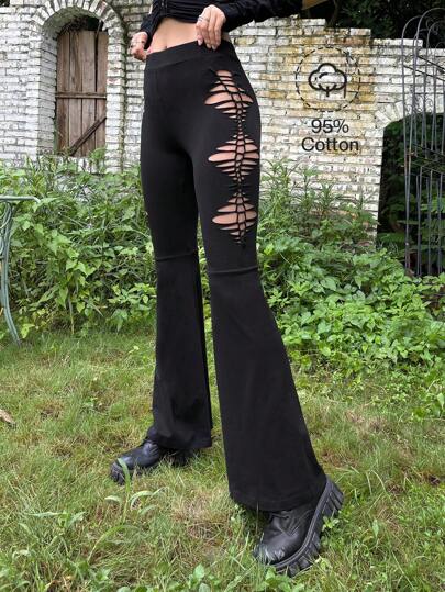 Grunge High Waist Cut Out Side Flare Leg Pants