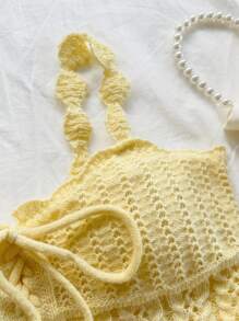 Soleia Vacation Sexy Comfy Spaghetti Strap Tied Ruffle Hem Knit Cami Tank Top - Mustard Yellow - View 5