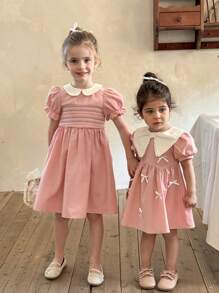 LMoss Kids LMoss Young Girl Smocked Collared Snug Fit Casual Dress,Suitable For Spring And Summer - Pink - View 11