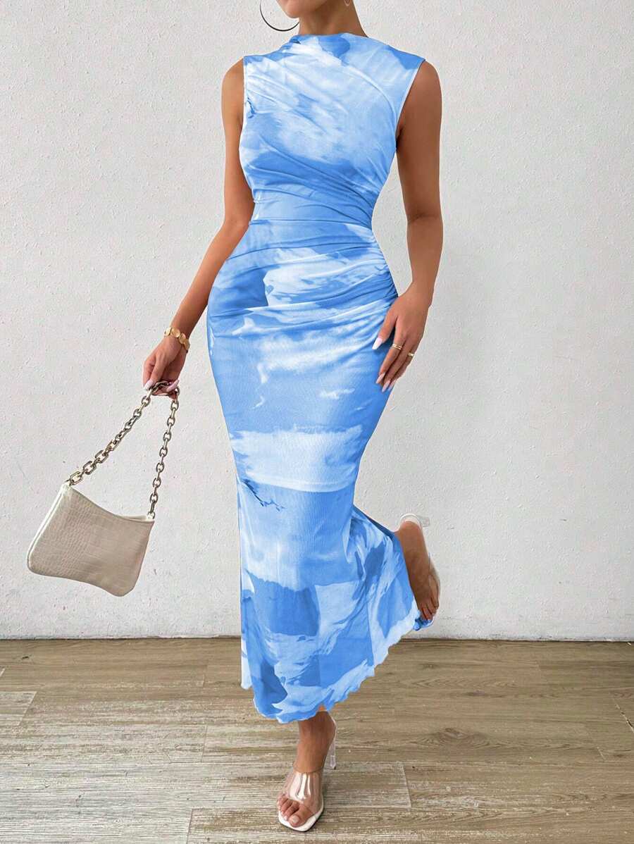 Chiquease Tie Dye Mock Neck Mesh Bodycon Dress Maxi Women Outfit - Multicolor - View 1