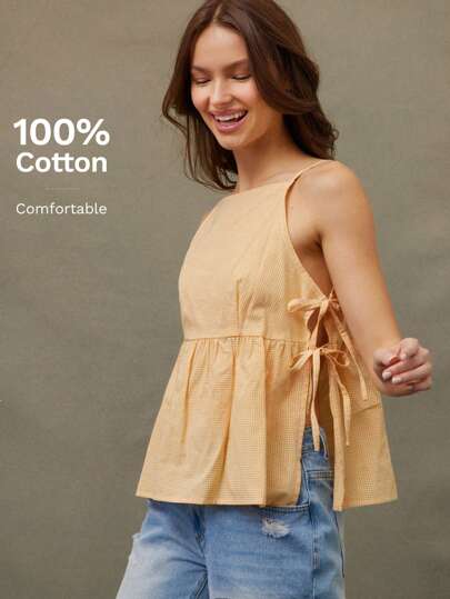 WESTFADE 夏季格子花纹蝴蝶结侧系带无袖 A 字形背心，适合女牛仔