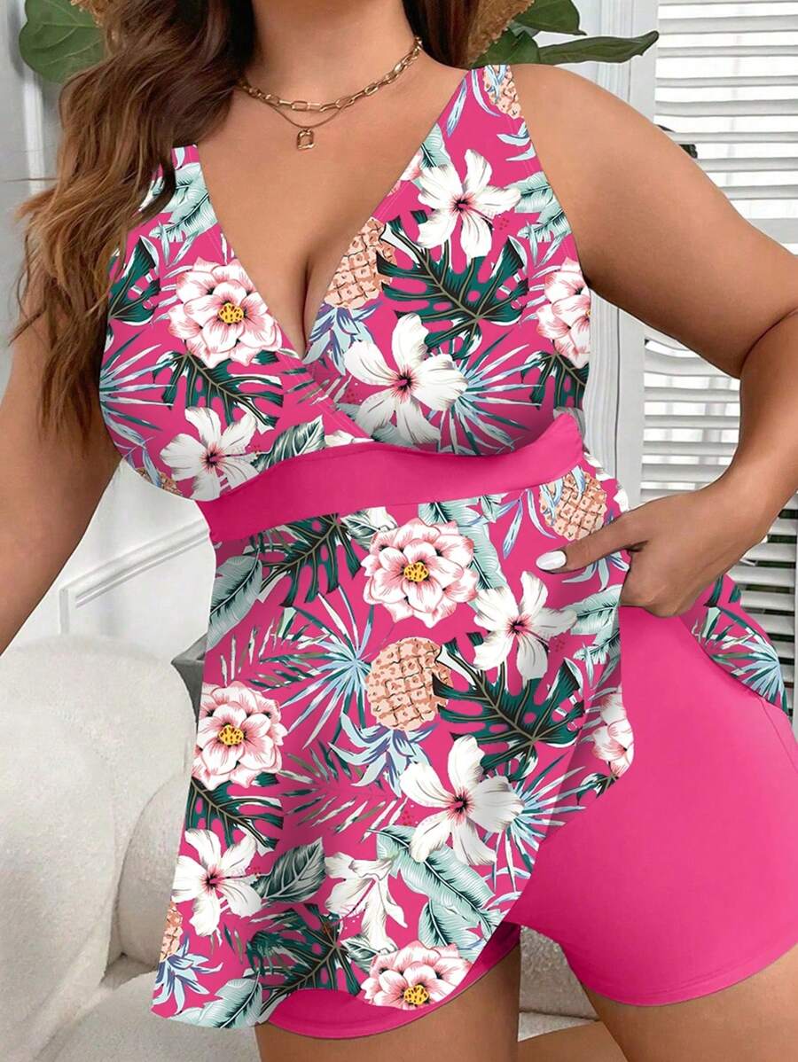 Swim Lushoire Plus Size Women Random Print Tankini Set - Camisole And Solid Color Shorts For Summer Beach Vacation - Multicolor - View 1