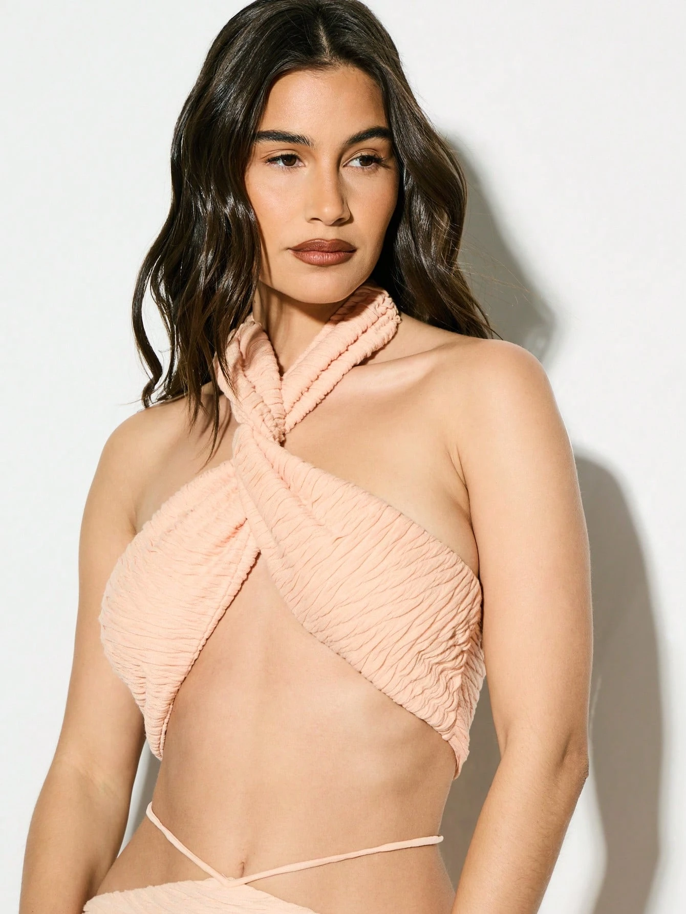 KIZN Textured Twist Front Halter Crop Backless Draped Ruched Cutout Cami