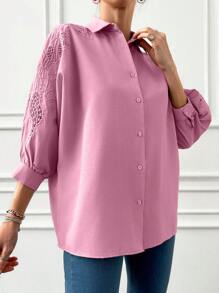 EURMUSE French Style Shirt Made Of Woven Fabric With Eyelet Embroidery On The Shoulders, Long Sleeves, Classic Shirt Collar - Pink - View 4