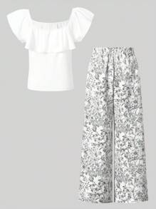 SHEIN 2 件套 Tween Girls Ditsy Floral 度假套装：荷叶边短款针织上衣和 Ditsy Floral 阔腿裤，女孩优雅装扮，适合婚礼季节，风格可爱，Ditsy Floral/部分装饰 - 彩色 - 查看 2