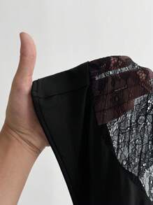SHEIN MOOSTA Body elegante e casual in maglia di taglia oversize con inserti in pizzo nero