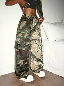 Slaydiva 女士迷彩拼布工装牛仔裤 - 軍綠色 - 查看 3