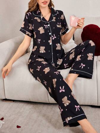 Bubble Wrinkle Bear & Bow Print Short Sleeve Pajama Set