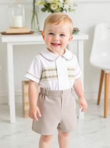 Souflis Souflis 2 Stücke Set aus Hemd mit gesticktem Kragen und einfachen Shorts für Babys und Kleinkinder, geeignet für Partys, Hochzeiten, Sommer