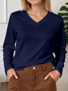 INAWLY Women's Casual Solid Color V-Neck Long Sleeve Loose T-Shirt, Versatile For Spring & Autumn