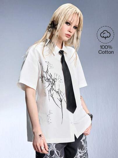 Grunge Punk Chemise ample avec impression Cybersigilism de rue Y3k (avec cravate)