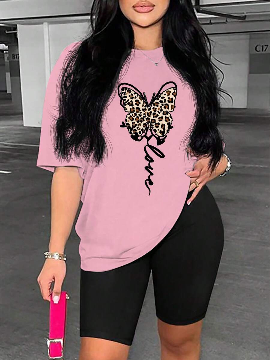 INAWLY Women's Leopard Print & Butterfly Short Sleeve Round Neck T-Shirt - Pink - View 1