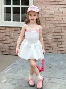 Young Girl Plain Woven Bowknot Strap Dress - White - View 3