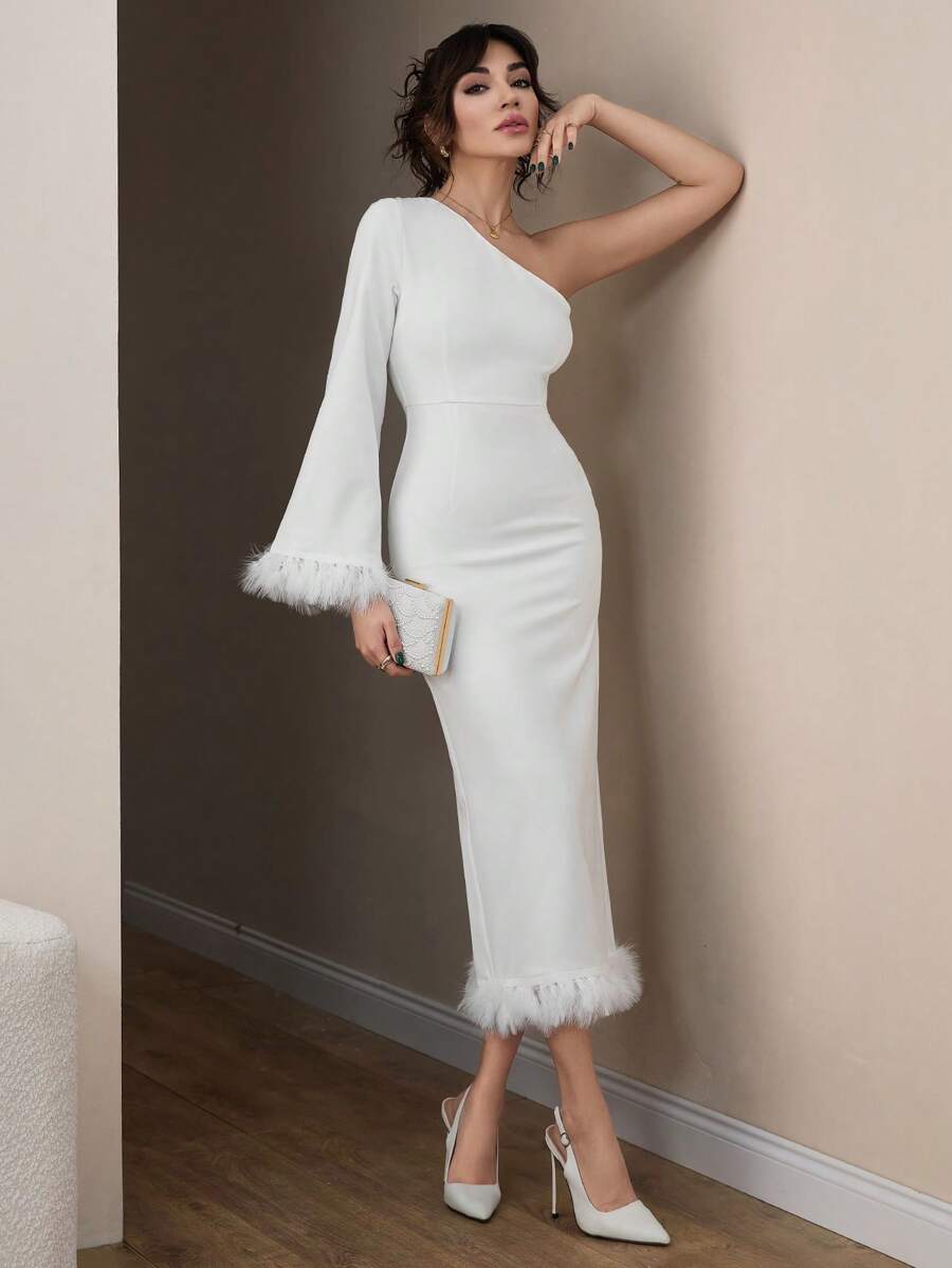 CLARA VERO ONE SHOULDER FEATHER CUFF & HEM SHORT DRESS - White - View 1