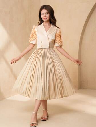 SHEIN 2st/set Elegant blommig applikation kortärmad jacka + stickad plisserad kjol för tonårsflickor