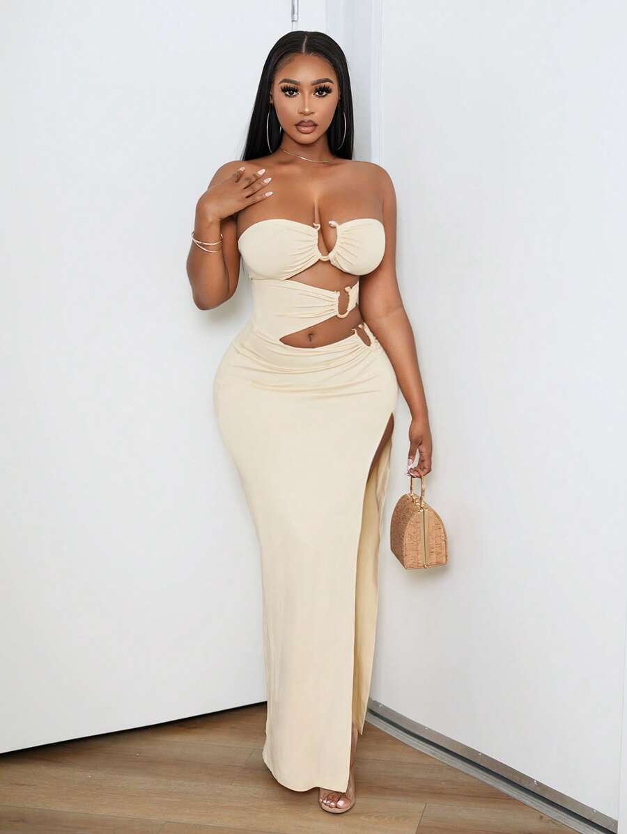 BamGleam Váy xẻ khoét hở lưng không dây cho nữ - Màu be - Xem 1