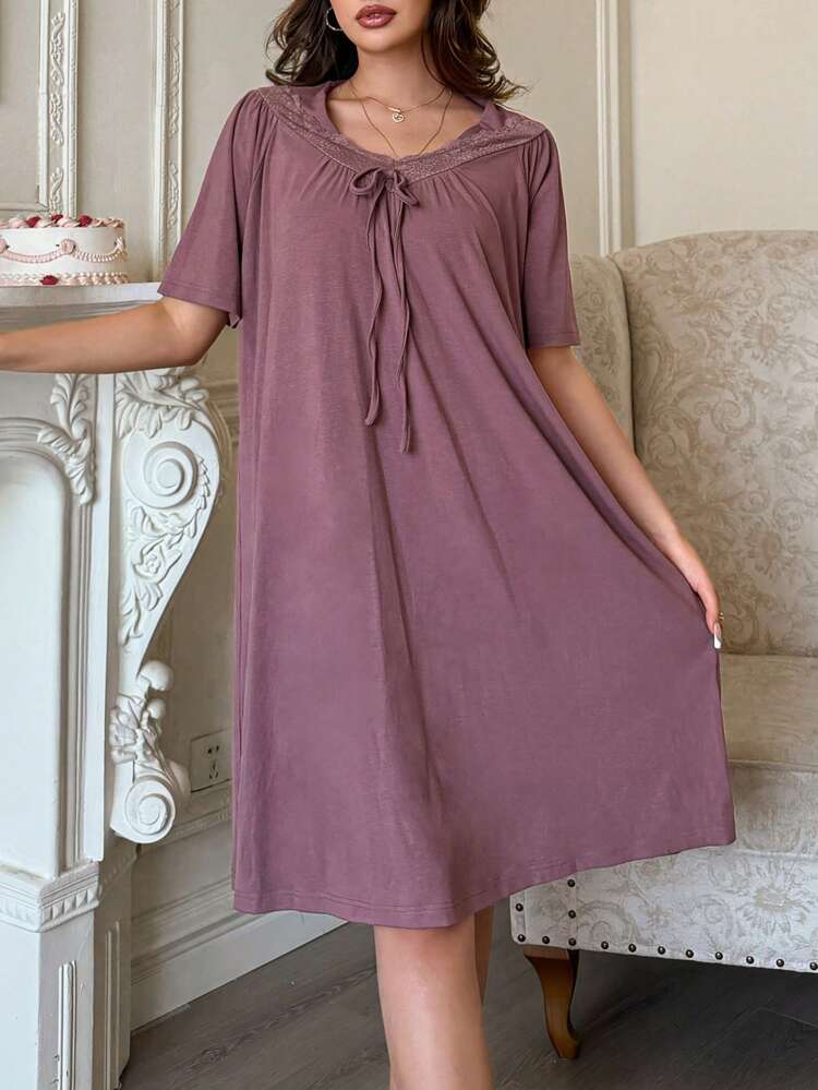 Lace Patchwork Tie Bow Decor Loose Fit Casual Dress For Women Pajama