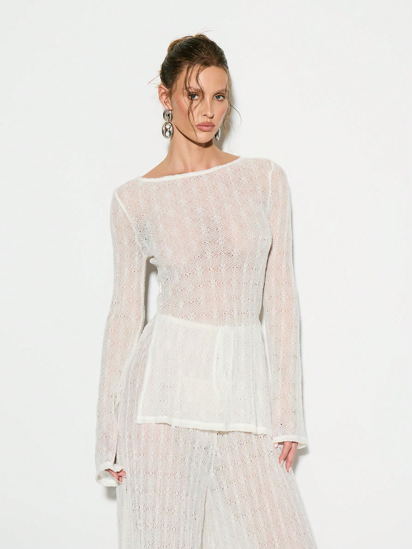 KIZN Elegant Sheer Webbed Lace Long Sleeve Blouse