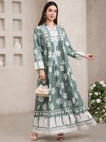 Veilorie Đầm tay loe cổ chữ V in hoa thanh lịch dành cho nữ - màu xanh lá - Xem 3