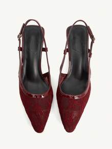 CUCCOO CHICEST CUCCOO Women's Burgundy Lace Backstrap High Heel Shoes, Suitable For Spring And Summer - Burgundy - View 12