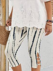 EMERY ROSE Plus Size Tie-Dye Print Hollow Out Leggings,Beige Summer Boho Holiday Wedding Guest Casual Vacation Wear Mother's Day Gifts For Mother Springbreak - Multicolor - View 3