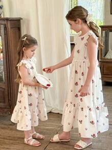 LMoss Kids LMoss Tween Girl Woven Ditsy Floral Pattern Round Neck Sleeveless Ruffle Hem Dress - Multicolor - View 2