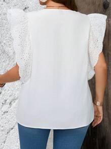 EMERY ROSE Plus Size Women's White Summer Boho Silky Vacation Holiday Embroidered Floral Lace Patchwork Tunic Blouse,Simple Fashionable Casual Everyday Wear - White - View 5