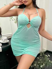 2pcs Mature Mesh Hollow Sexy Ruffle Nightgown Set - Green - View 3