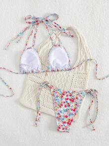 SHEIN Swim Conjunto de bikini para mujer con tirantes anudados y estampado floral aleatorio, ideal para primavera/verano y playa