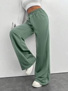 EURMUSE Cotton Women's Elastic Waist Wide Leg Pants - Mint Green - View 4