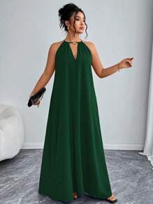 Elenzga Women's Fashion Elegant Solid Color Halter Neck Loose Plus Size Dress, Valentine's Red, New Year