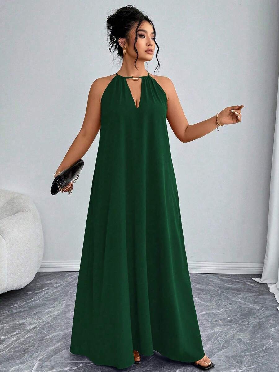 Elenzga Women's Fashion Elegant Solid Color Halter Neck Loose Plus Size Dress, Valentine's Red, New Year