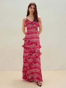 MOTF STUDIO PLAID RUFFLE TRIM CAMI DRESS - Red - View 7