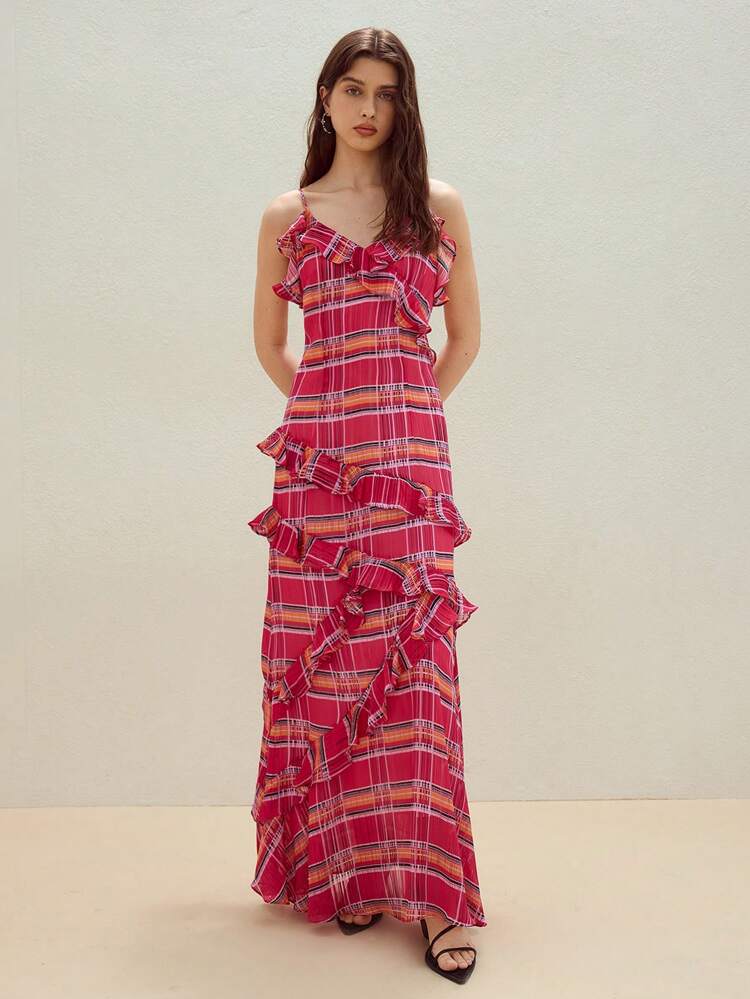 MOTF STUDIO PLAID RUFFLE TRIM CAMI DRESS