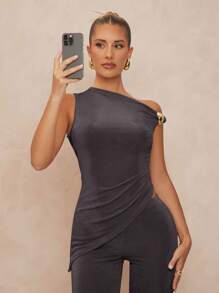 Lumalex 1pc Women's Asymmetric Metal Decor Bodycon Flare Sleeve Two Pieces Set - Dark Grey - View 4
