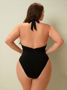 Swim Lushoire Traje de baño de una pieza con cuello de pico para tallas grandes, tela texturizada, diseño minimalista, básico para vacaciones