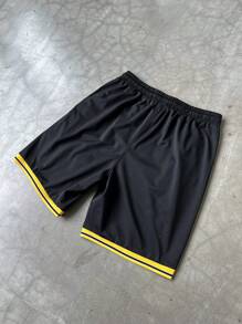 Manfinity Streetrush Pantaloni scurți de baschet tricotați negri pentru bărbați, cu imprimeu grafic Los Angeles 24 și detalii la buzunare, pentru întoarcerea la școală