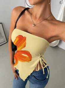 INAWLY Women Floral Print Drawstring Asymmetric Hem Sleeveless Camisole Top