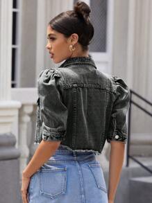 Selenza Women's Fashion Washed Distressed Puff Sleeve Denim Jacket - Grey - View 2