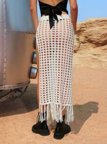 SHEIN EZwear Women's Western-Style Solid Color Hollow Out Side Slit Hem Knit Skirt - White - View 3