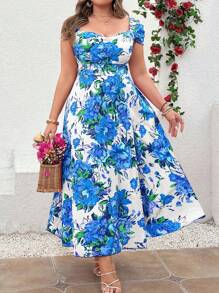 SHEIN Holidaya Plus Size Ruched V-Neck Sleeveless Split Hem A-Line Maxi Dress, Floral Print Romantic Elegant Summer Dress For Party/Vacation - Blue - View 3