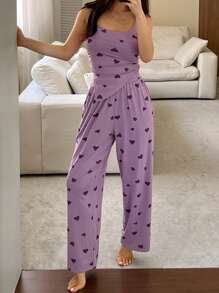 DAZY Asymmetrical All-Over Print Camisole And Relaxed Straight Leg Pajama Set - Purple - View 6