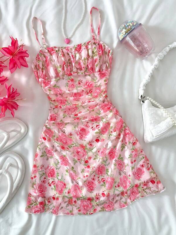 SHEIN Vestido de malla con cuello de halter con estampado floral rojo y blanco para adolescentes Dreamara, vintage/playa/mar/elegante/lindo, adecuado para primavera y verano, Año Nuevo, Día de San Valentín, vacaciones/feriados