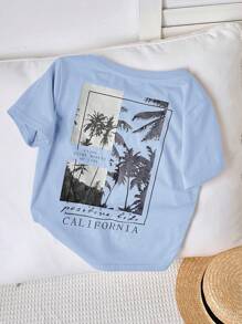 SHEIN Leap Crew Young Boy Vacation Theme Graphic Round Neck Short Sleeve T-Shirt - Blue - View 5