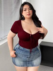 Vibekara Plus Size Women Solid Color Casual Drawstring Short Sleeve T-Shirt, Fitted - Burgundy - View 4
