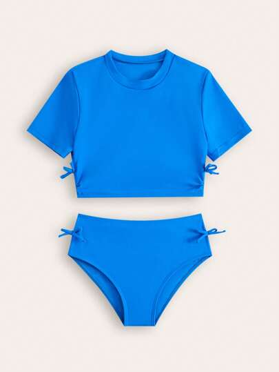 New Fashion Tween Girl Solid Color Fabric Two-Piece Swimwear Set Summer Holiday